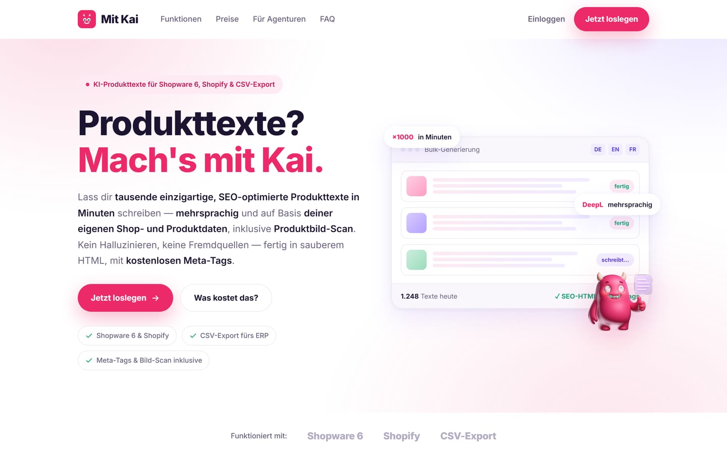 SeitenFlink Referenz – mit Kai: KI-Produkttexte für Shopware & Shopify SeitenFlink Referenz – mit Kai: Website für KI-Produkttexte für Shopware 6, Shopify und CSV-Export